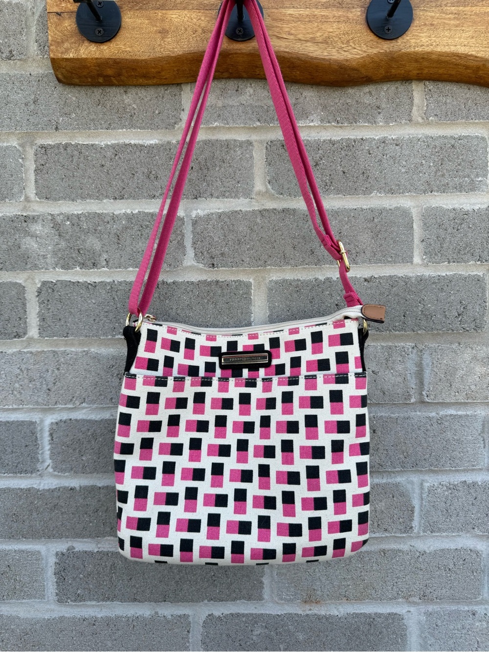 Tommy Hilfiger Pink, Black & White Geo-Print Crossbody Bag